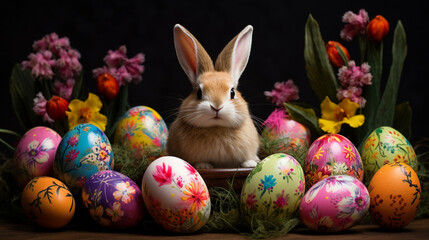 Fototapeta na wymiar Cute rabbit and Easter eggs on a dark background. Happy Easter day concept and idea.Generative AI
