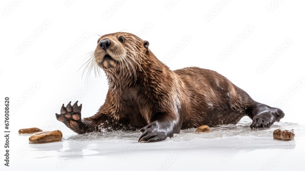 Poster a close up of a wet otter laying on the ground with its paws in the water and rocks in front of it. 
