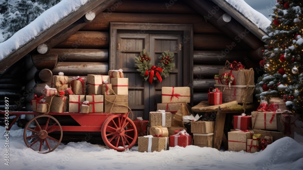 Poster a log cabin with a wagon full of presents in front of it, surrounded by a blanket of snow on the rig