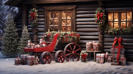  a christmas scene with a sleigh, presents and a horse drawn carriage in front of a log cabin.  generative ai - obrazy, fototapety, plakaty