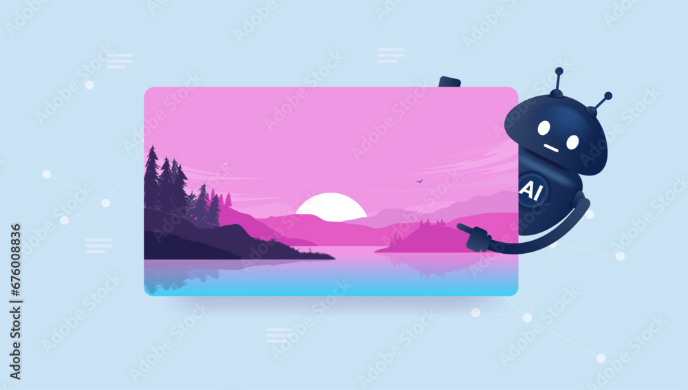 Poster AI creating and generating photo - Vector illustration of artificial intelligence robot character showing landscape image and pointing