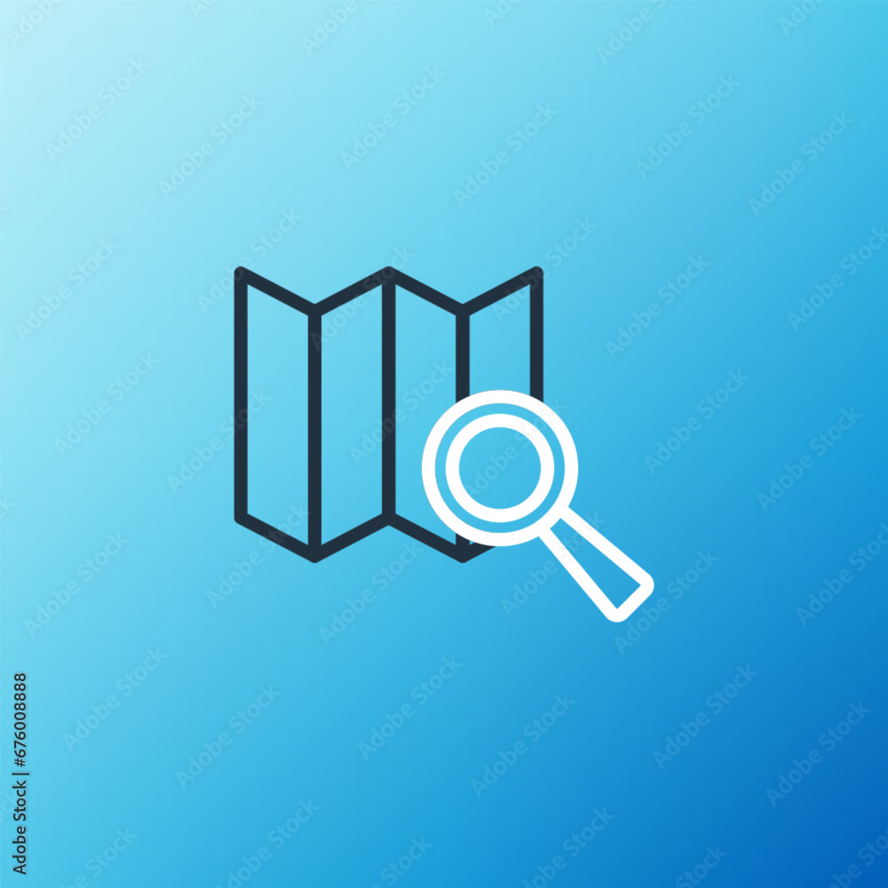 Poster line search location icon isolated on blue background. magnifying glass with pointer sign. colorful 