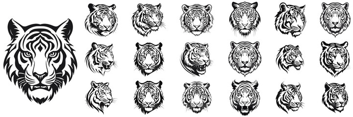 Black tiger illustration. Set tiger silhouette. Minimalist and Flat Logo. Isolated vector image, head tiger logo vector, animal theme, wildlife logo.
