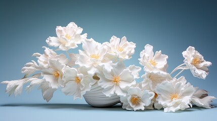  a vase filled with white flowers sitting on top of a blue table top next to a white vase filled with white flowers.  generative ai