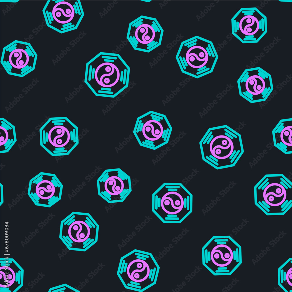 Poster line yin yang symbol of harmony and balance icon isolated seamless pattern on black background. vect
