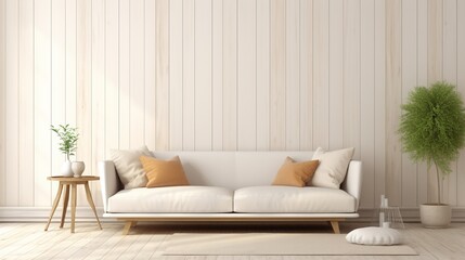 Scandinavian living room interior with a sofa on empty cream wooden wall background. 3d rendering - obrazy, fototapety, plakaty