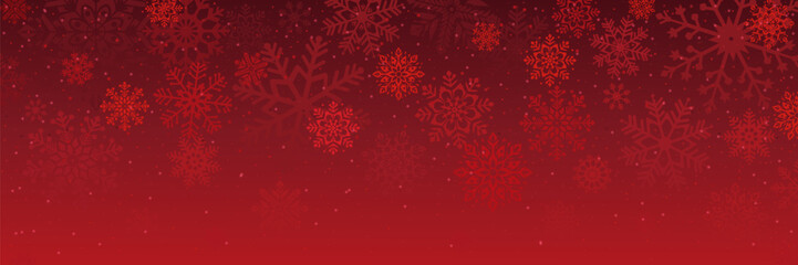 Naklejka na ściany i meble Beautiful red Christmas background. New Year or Christmas background with snowflakes with different ornaments and lights. Design for holiday cover, card, banner, poster.