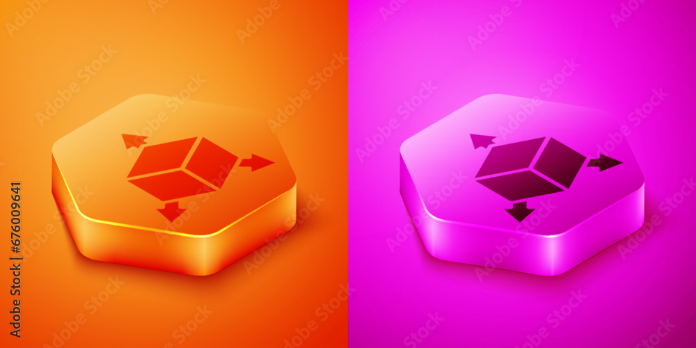 Poster isometric isometric cube icon isolated on orange and pink background. geometric cubes solid icon. 3d