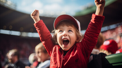 A digital photo of a child celebrating a victory in baseball competitions at the school stadium. - obrazy, fototapety, plakaty
