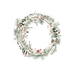 Watercolor floral frame. Hand painted border of winter leaves, green fir tree branches, christmas red berries. Seamless botanical wreath of forest greenery for card design, print, winter holiday © 60seconds