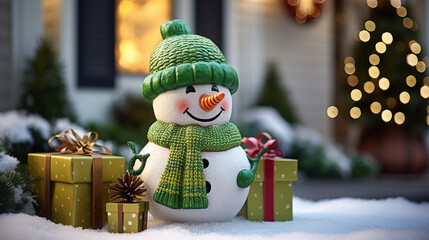 Cute snowman stand alone on snow ground with Christmas ornaments. AI generated.