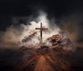 Solace in Desolation. A lone cross stands amid smoldering ruins, a symbol of hope in devastation - obrazy, fototapety, plakaty