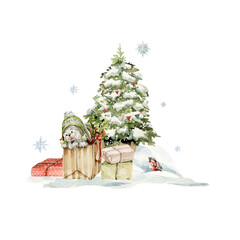 Watercolor nursery composition. Hand painted christmas woodland of baby animals, forest winter scene, snow, fir tree, bunny, rabbit. illustration for kids print, wall art, christmas card, celebration