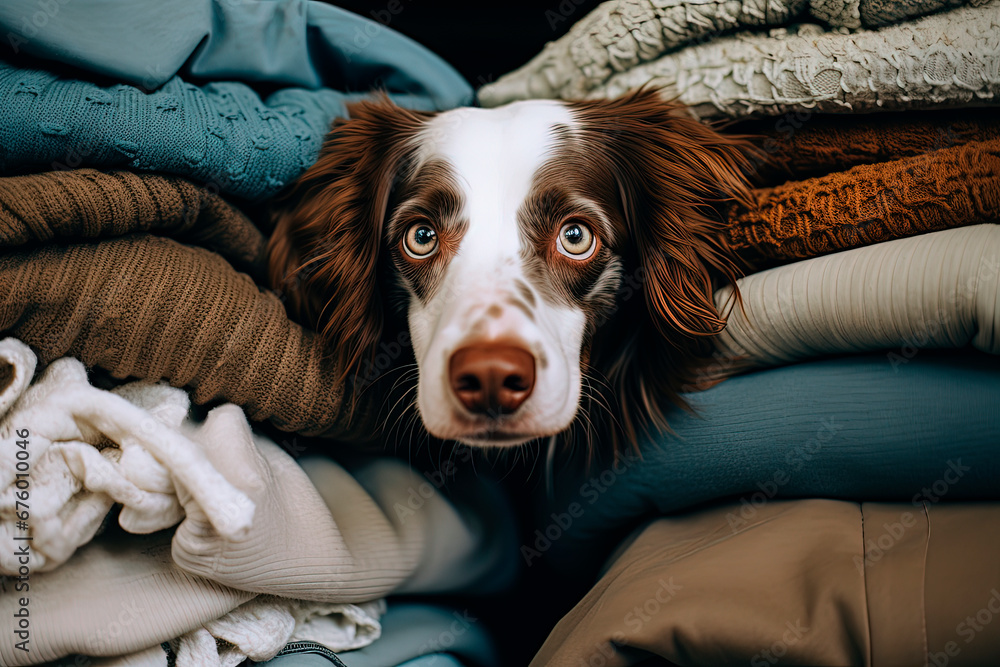 Wall mural A dog peeking out from under a pile of sweaters. Generative AI