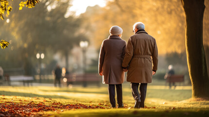 An elderly couple walks hand-in-hand through a serene park, bathed in golden autumn sunlight, surrounded by vibrant trees and fallen leaves.
