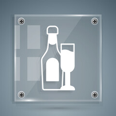 White Champagne bottle with glass icon isolated on grey background. Square glass panels. Vector