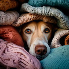 A dog peeking out from under a pile of sweaters. Generative AI