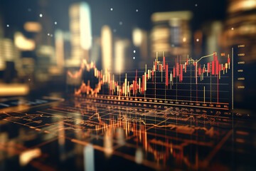 Panoramic abstract backdrop with stock market growth/down, digital financial chart graphs and indicators