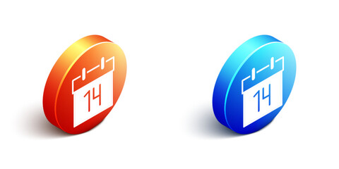 Isometric Calendar icon isolated on white background. Event reminder symbol. Orange and blue circle button. Vector