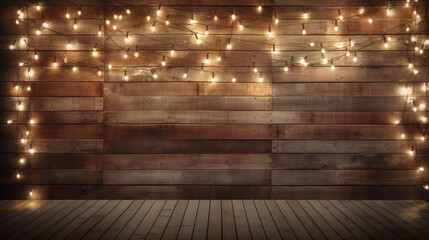 Series of string lights hanging against a dark wooden wall and floor, creating a soft, ambient glow.