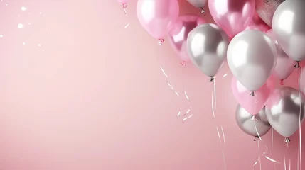 Fotobehang Feliz aniversário. Balões de ar, balões de folha, balão de aniversário, elementos de confetes brilhantes. Cartão de aniversário. rosa, prata, espaço de cópia © Alexandre