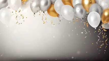 Fotobehang Feliz aniversário. Balões de ar, balões de folha, balão de aniversário, elementos de confetes brilhantes. Cartão de aniversário. ouro, prata, espaço de cópia © Alexandre