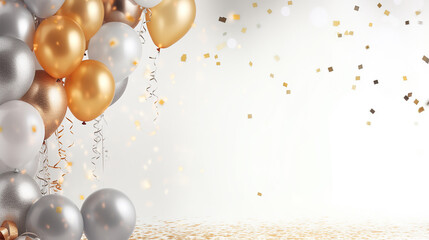 Feliz aniversário. Balões de ar, balões de folha, balão de aniversário, elementos de confetes brilhantes. Cartão de aniversário. ouro, prata, espaço de cópia - obrazy, fototapety, plakaty