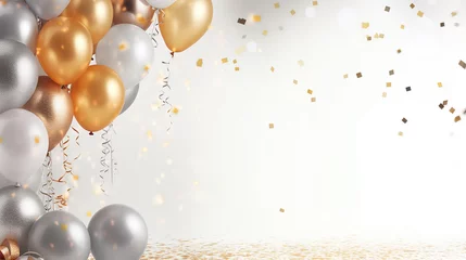 Fotobehang Feliz aniversário. Balões de ar, balões de folha, balão de aniversário, elementos de confetes brilhantes. Cartão de aniversário. ouro, prata, espaço de cópia © Alexandre