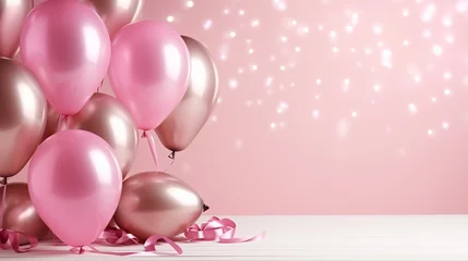 Fotobehang Feliz aniversário. Balões de ar, balões de folha, balão de aniversário, elementos de confetes brilhantes. Cartão de aniversário. rosa, prata, espaço de cópia © Alexandre