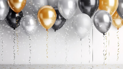 Feliz aniversário. Balões de ar, balões de folha, balão de aniversário, elementos de confetes brilhantes. Cartão de aniversário. ouro, prata, espaço de cópia - obrazy, fototapety, plakaty