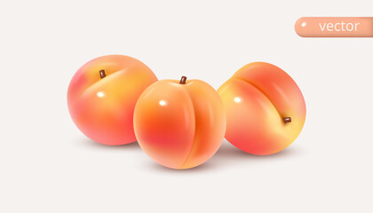 Set of glossy peaches with shadows. 3d vector set isolated. Realistic vector cartoon style