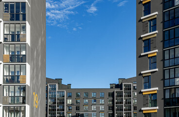 Modern house buildings, residential district with urban condos and sky