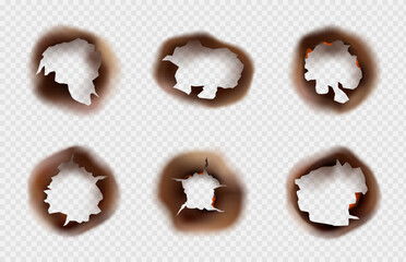 Burnt holes. Scorched paper or pergament hole. Fire in cracked dirty hole. Realistic vector set on transparent.