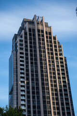 Detail os Saint Jacques condos. Skyscraper in Montreal in business finance corporate area at sunrise