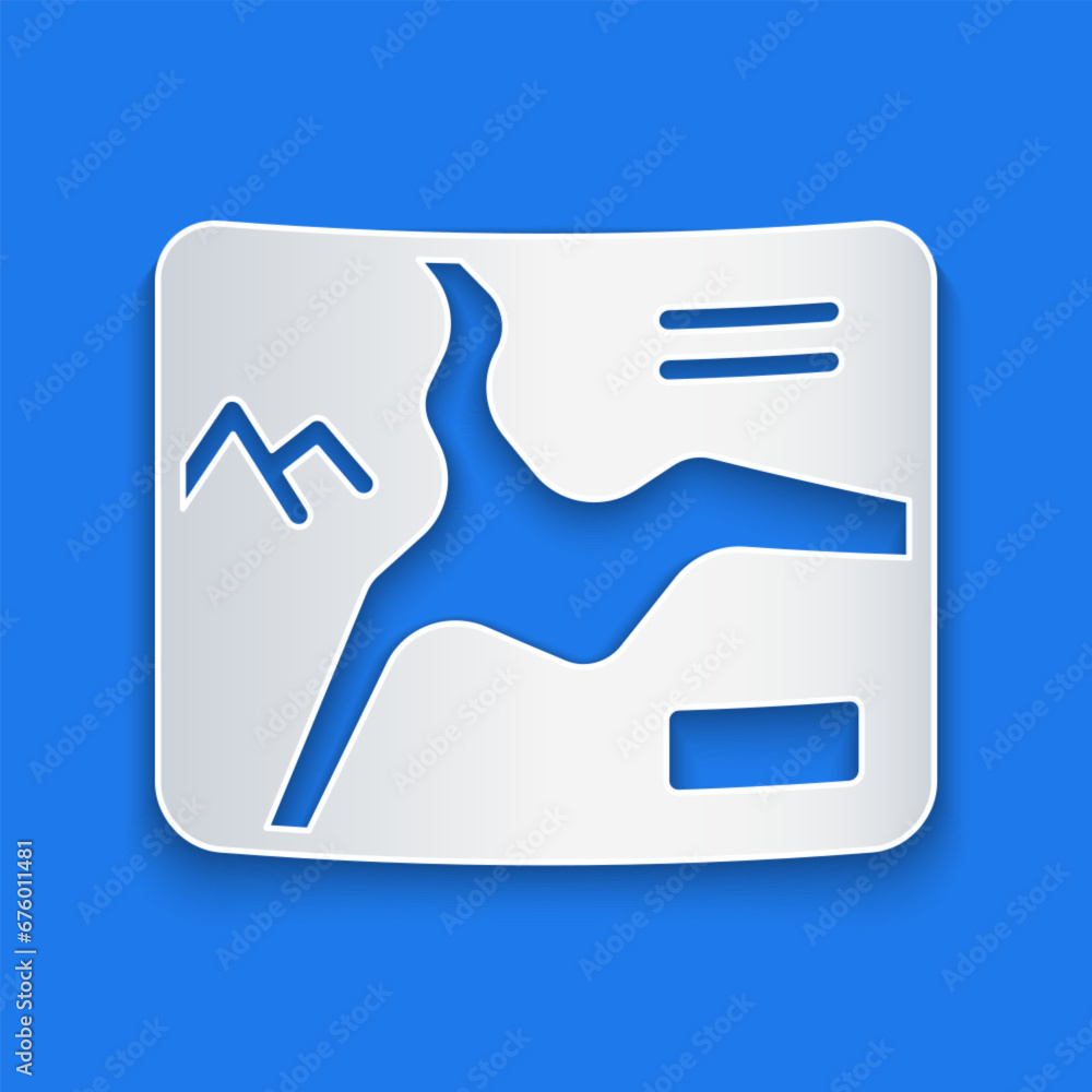 Poster paper cut topographic map with route and coordinates icon isolated on blue background. paper art sty