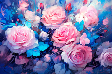 Delicate pink and blue roses flowers. Generative AI