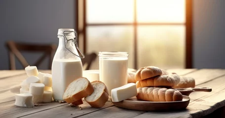 Gordijnen Dairy Fresh. Milk Bottle and Bread Loaf on a Wooden Surface. Generative AI © Godam