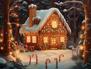 Gingerbread House with snow in the woods with sugar canes outside - obrazy, fototapety, plakaty