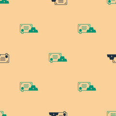 Green and black Gold bars with certificate icon isolated seamless pattern on beige background. Banking business concept. Vector