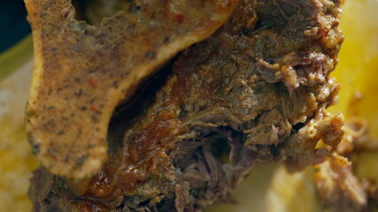 Gourmet Detail - Fork Shredding Osso Buco Meat in Macro Food Preparation, Osso Buco macro Close-Up Culinary Scene, cooking food