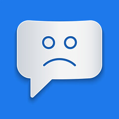 Paper cut Sad smile icon isolated on blue background. Emoticon face. Paper art style. Vector