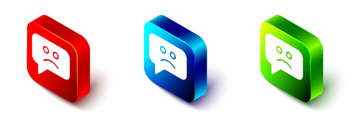 Isometric Sad smile icon isolated on white background. Emoticon face. Red, blue and green square button. Vector