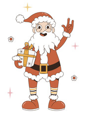  Trendy retro cartoon characters. Groovy hippie Christmas Santa Claus.Merry Christmas and Happy New year. Vector characters 