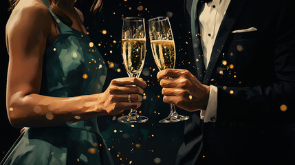 Man and woman making champagne toast. Merry Christmas and Happy New Year concept - obrazy, fototapety, plakaty