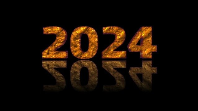 4k Happy new year 2024 animation with yellow and gray textured effect on plain black background