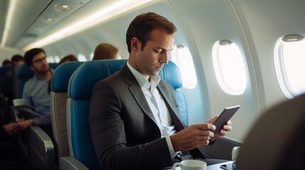 Fototapeta premium businessman using smartphone manage working schedule meeting on a plane business travelling ideas concept