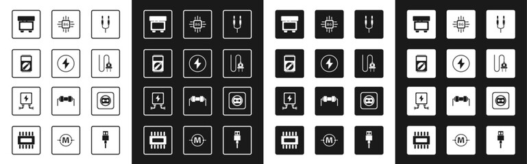 Set Audio jack, Lightning bolt, Multimeter, Fuse, Electric plug, Processor with microcircuits CPU, Electrical outlet and transformer icon. Vector