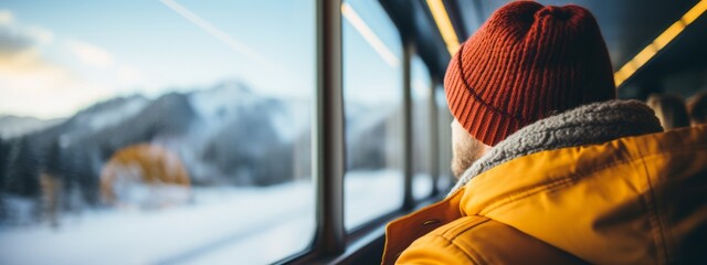 Portrait of young male tourist traveling by train snow landscpae Beautiful girl with a backpack sitting in the train. Traveling, journey - obrazy, fototapety, plakaty