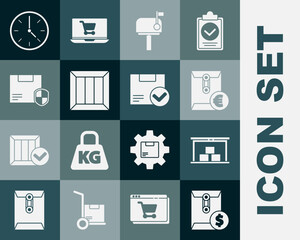 Set Envelope with dollar symbol, Warehouse, euro, Mail box, Wooden, Delivery security shield, Clock and Package check mark icon. Vector