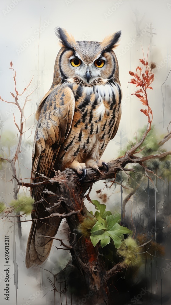 Poster a painting of an owl sitting on top of a tree branch in front of a background of leaves and branches